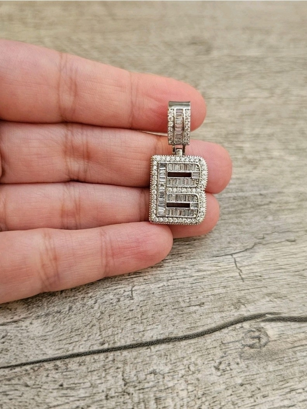 White Crystal 'B' Initial Pendant Necklace - Silver Tone